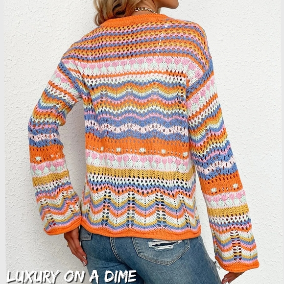 Bright Chevron Stripe Openwork Knit Button Front Long Sleeve Retro Cardigan - Picture 4 of 6